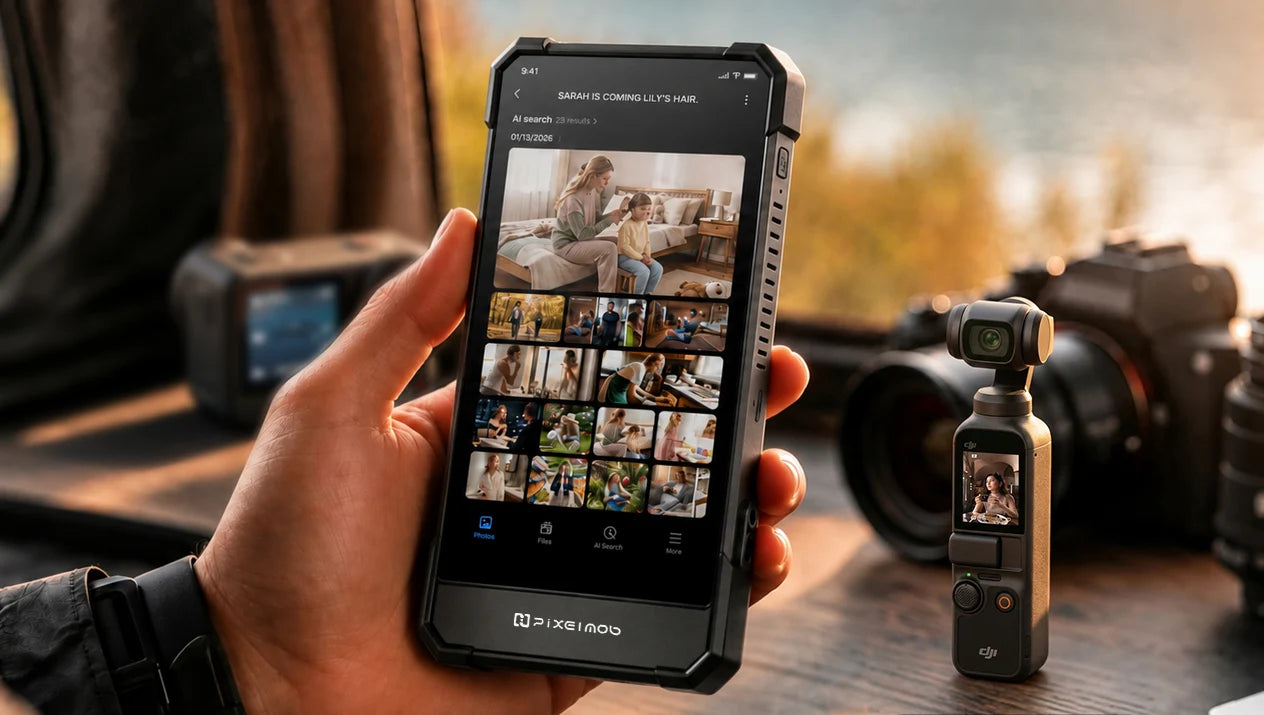 PixelMob displaying a photo library beside a camera