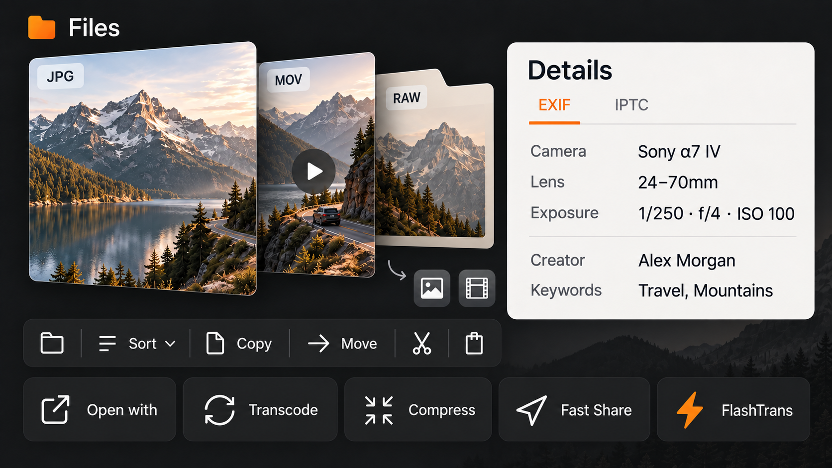 Files concept showing photo and video files, EXIF and IPTC metadata, sorting, copying, moving, transcoding, compression and sharing tools