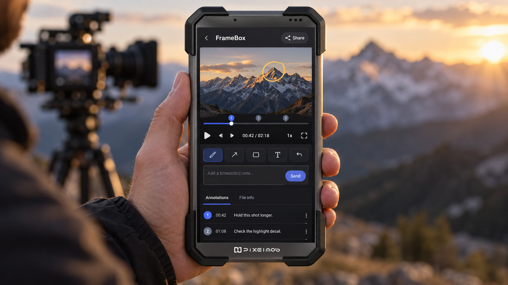 FrameBox video review with timecoded notes and annotations on PixelMob