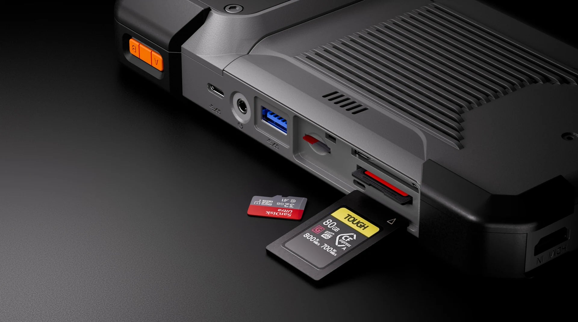 PixelMob Pro’s CFexpress and SD card slots in close-up
