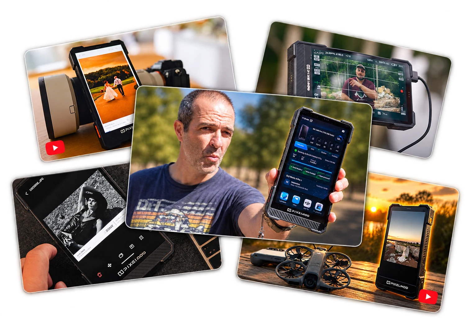 A collage of PixelMob creator-review video covers showing the device in use with cameras and in the field
