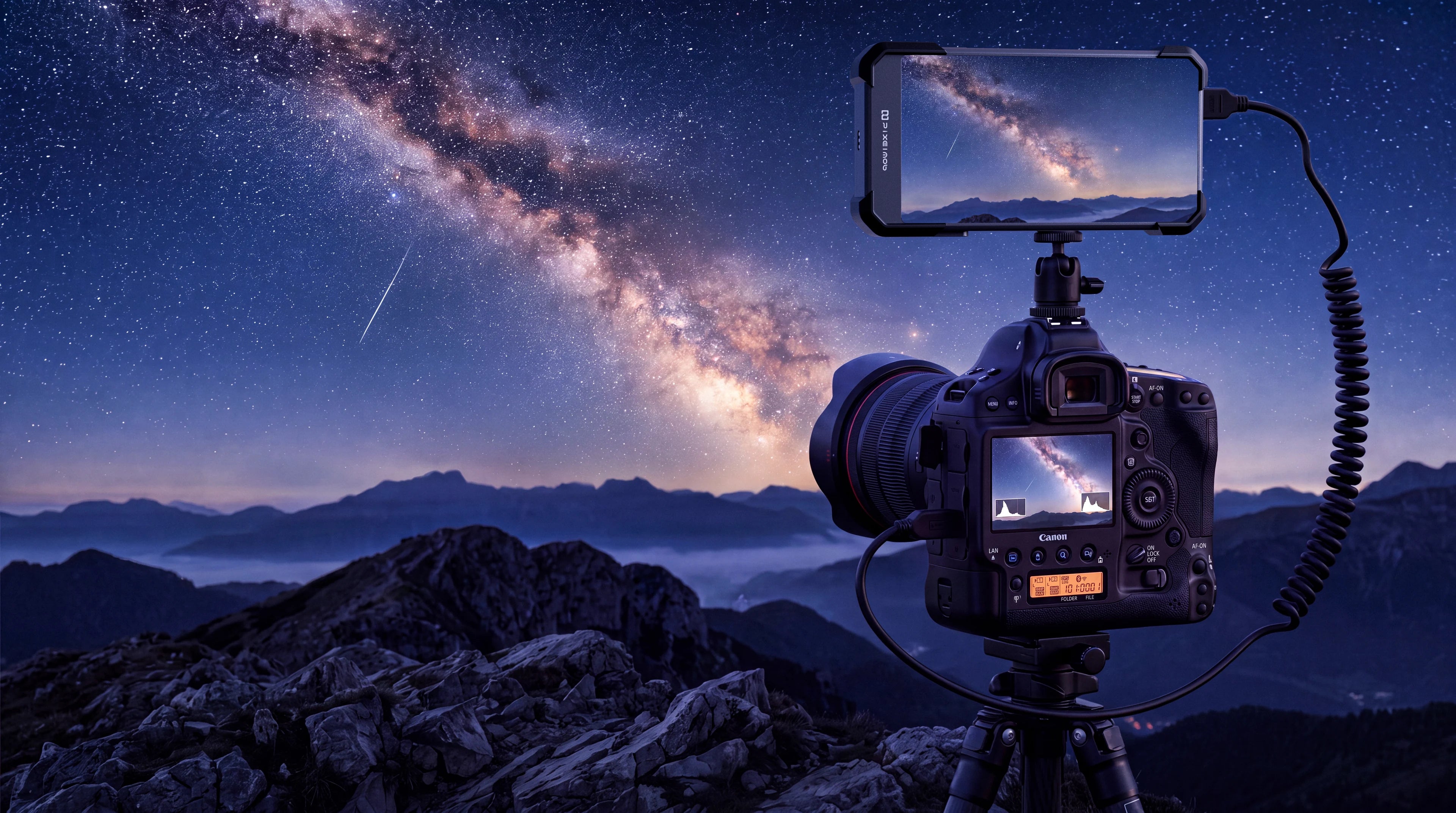 PixelMob mounted above a camera, framing the Milky Way over a mountain landscape
