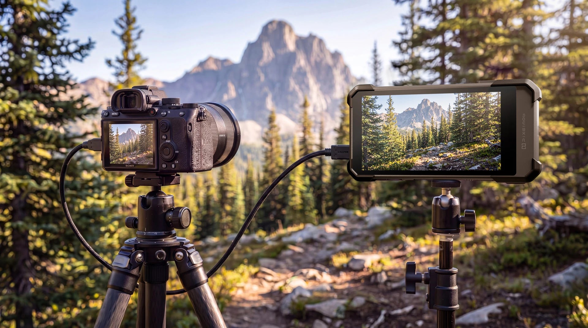 PixelMob Pro’s large screen displaying the same mountain scene as the connected camera