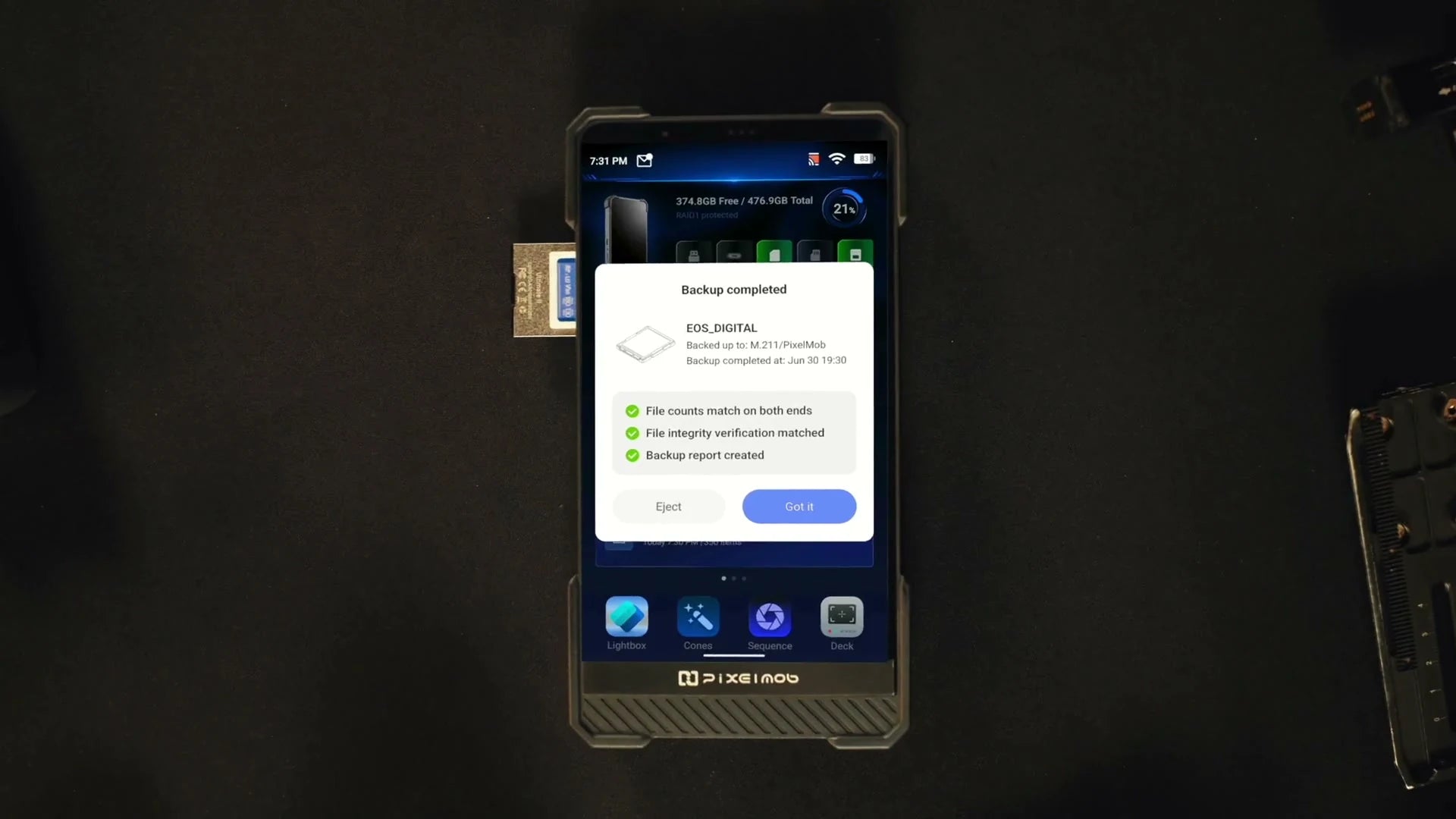PixelMob confirming matched file counts and verified file integrity after a backup