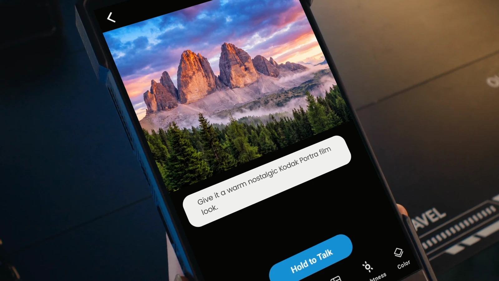 PixelMob photo editor showing a warm film-look adjustment and voice controls
