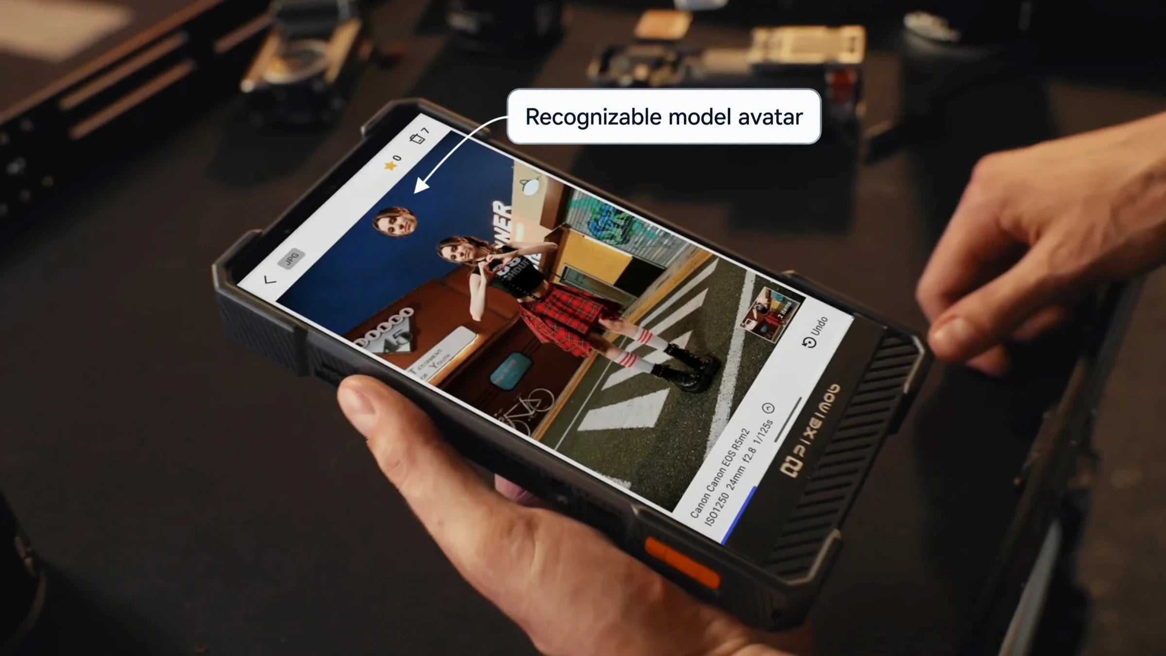 PixelMob displaying a studio portrait and capture settings, with a callout pointing to the model avatar