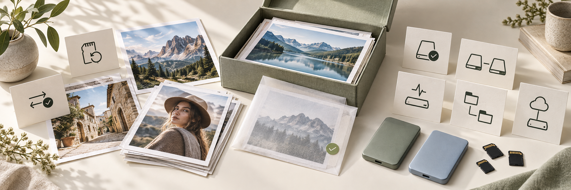 Photo archive, storage drives and seven icons illustrating the layers of data protection